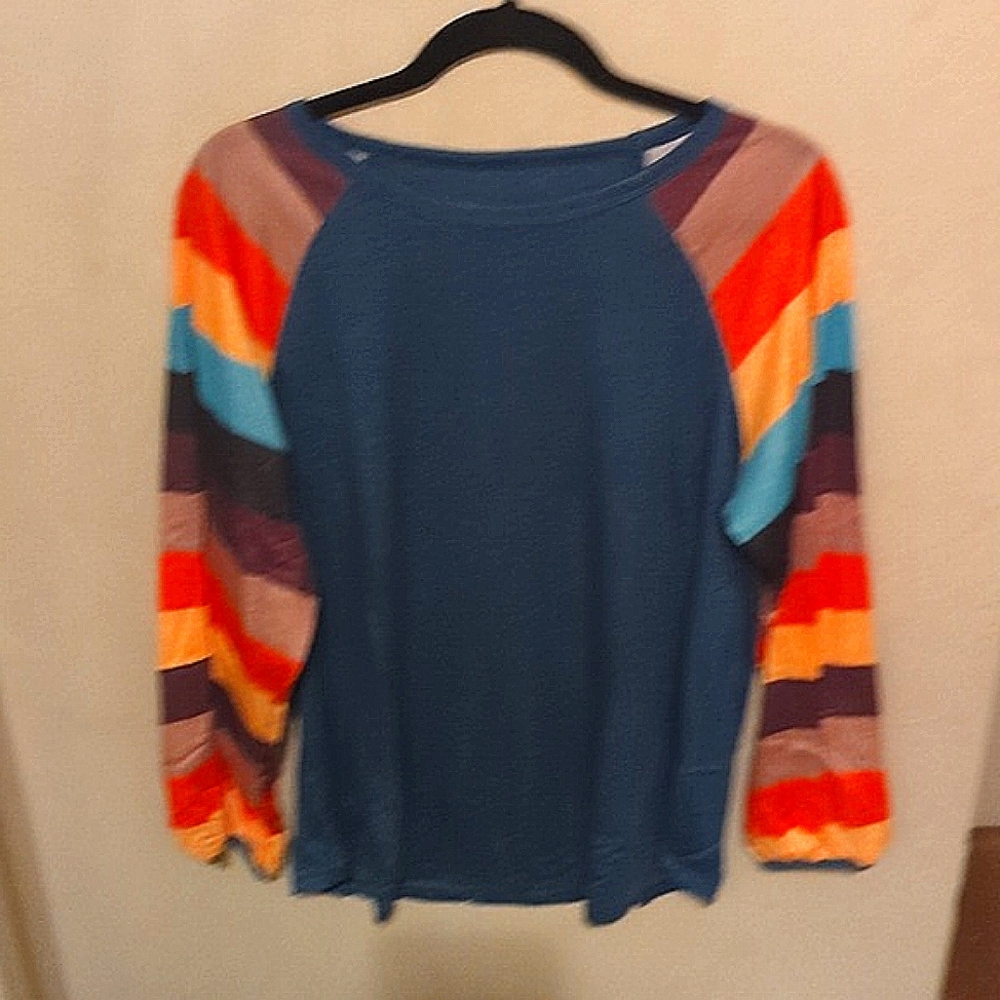 Dear lover, Multicolor Striped Balloon Sleeves Blue top
